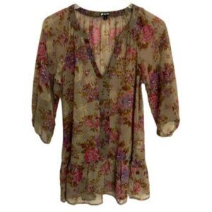 Lily White | Women's Brown Taupe Floral Print Babydoll Tunic Top Size Small